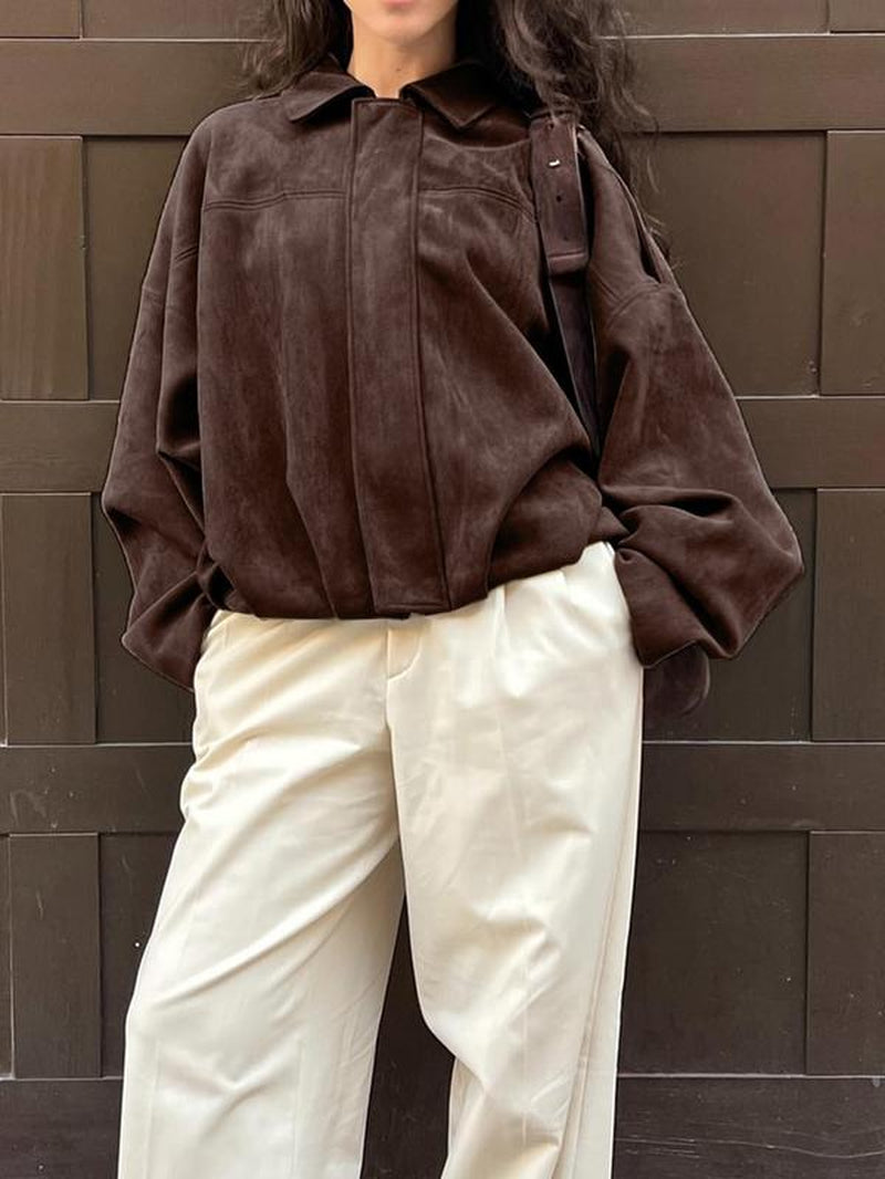 Women'S Faux Suede Bomber Jacket, Casual Oversized Fashion Outerwear, Trendy Street Style Y2K Top, Elegant Design, All Seasons Wearable