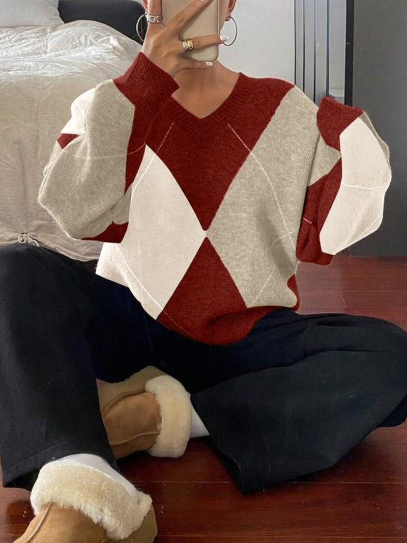 Women'S Plaid V Neck Long Sleeve Pullover Sweater, Autumn/Winter Loose Fit Colorblock Casual Fashion Cozy Cute Sweater Top, Women Fall Sweater, Winter Sweater for Women, Fall Clothes for Women