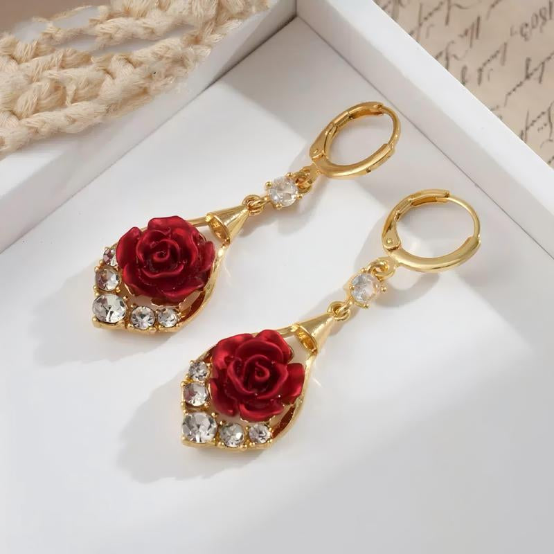 Rose Drop Earrings 14K Gold Plated Sparkling Crystal Tassel Design