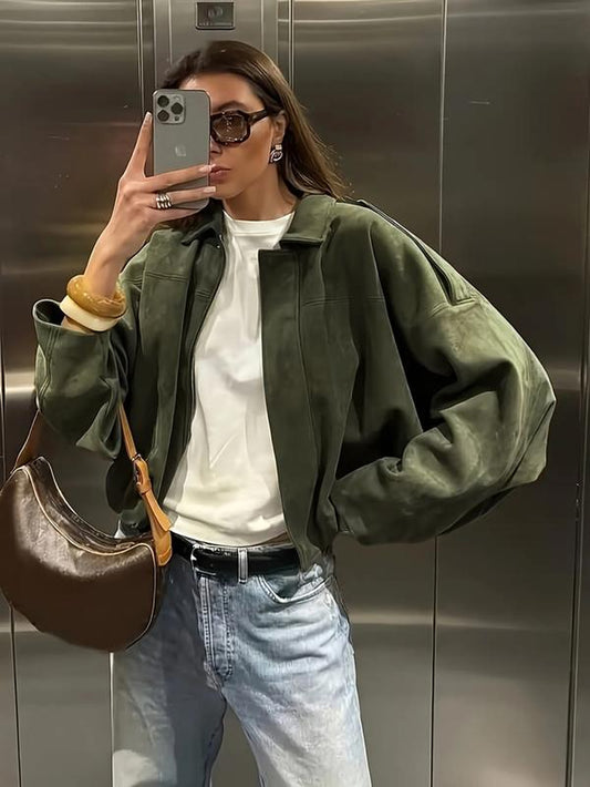 Women'S Faux Suede Bomber Jacket, Casual Oversized Fashion Outerwear, Trendy Street Style Y2K Top, Elegant Design, All Seasons Wearable
