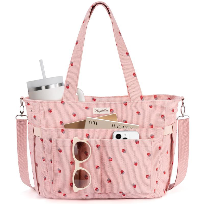 Bagstellar Women's Corduroy Tote Bag - 15.6 Inch Laptop Work Tote with Large Cup Holder, Durable Zipper Casual Purse for School, College, Travel, and Gym