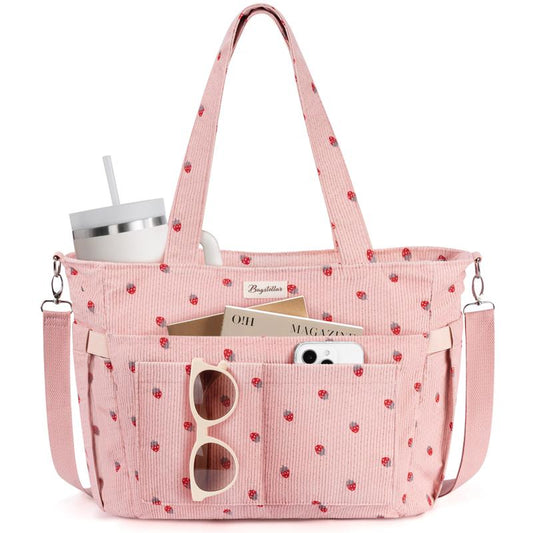 Bagstellar Women's Corduroy Tote Bag - 15.6 Inch Laptop Work Tote with Large Cup Holder, Durable Zipper Casual Purse for School, College, Travel, and Gym