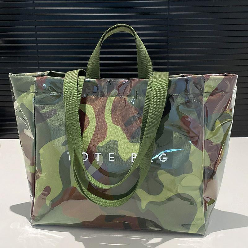 Women's Large Kraft Paper Tote Bag with PVC Letter Print - Clear Top Handle Hobo Handbag