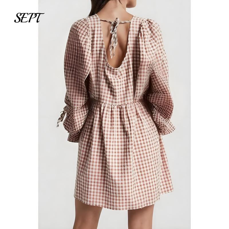 Women's Gingham Puff Sleeve Tie Mini Dress