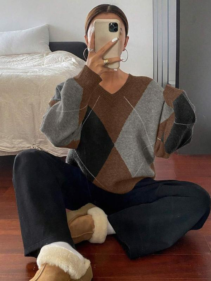 Women'S Plaid V Neck Long Sleeve Pullover Sweater, Autumn/Winter Loose Fit Colorblock Casual Fashion Cozy Cute Sweater Top， Women Fall Sweater, Winter Sweater for Women, Fall Clothes for Women