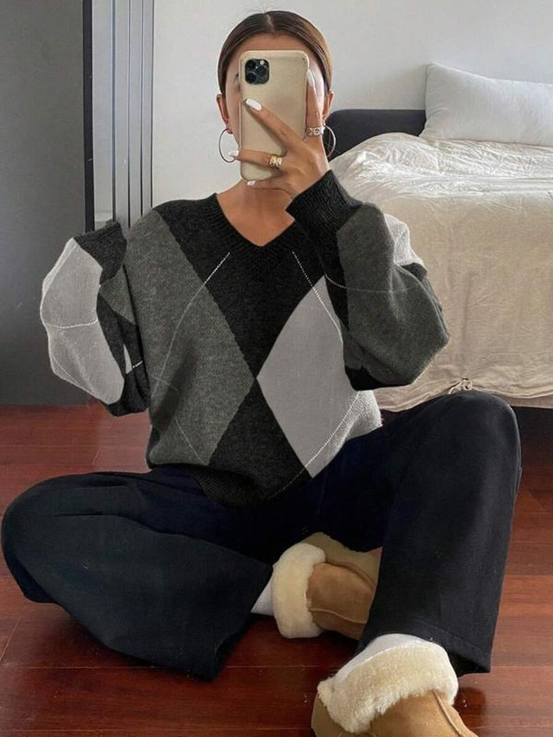 Women'S Plaid V Neck Long Sleeve Pullover Sweater, Autumn/Winter Loose Fit Colorblock Casual Fashion Cozy Cute Sweater Top， Women Fall Sweater, Winter Sweater for Women, Fall Clothes for Women