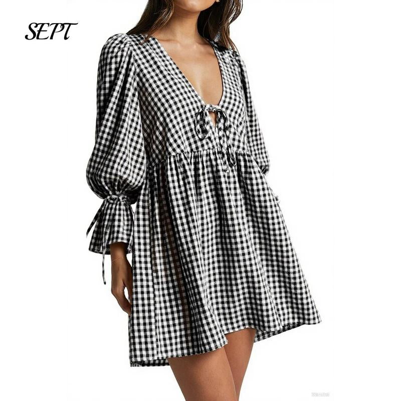 Women's Gingham Puff Sleeve Tie Mini Dress