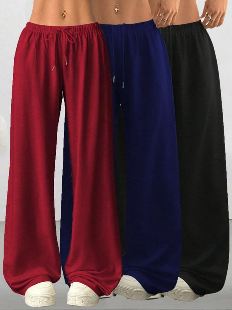 Women's Casual Loose-Fit Drawstring Pants, 3-Pack Plain Long Trousers, Comfortable Fabric Wide Leg Home Wear, Suitable for Spring Summer Fall Outdoor