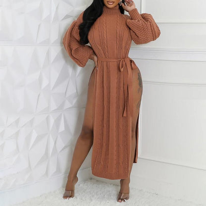 Cinched Waist High Slit Knit Long Sweater Coat