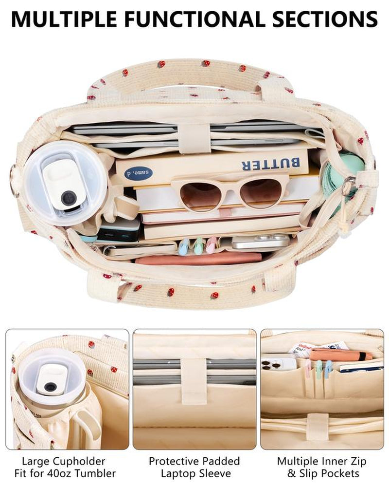 Bagstellar Women's Corduroy Tote Bag - 15.6 Inch Laptop Work Tote with Large Cup Holder, Durable Zipper Casual Purse for School, College, Travel, and Gym