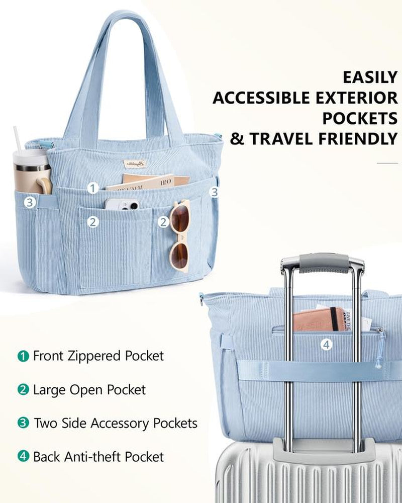 Bagstellar Women's Corduroy Tote Bag - 15.6 Inch Laptop Work Tote with Large Cup Holder, Durable Zipper Casual Purse for School, College, Travel, and Gym