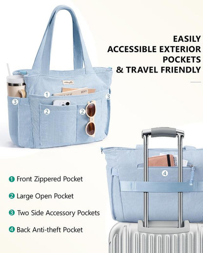 Bagstellar Women's Corduroy Tote Bag - 15.6 Inch Laptop Work Tote with Large Cup Holder, Durable Zipper Casual Purse for School, College, Travel, and Gym