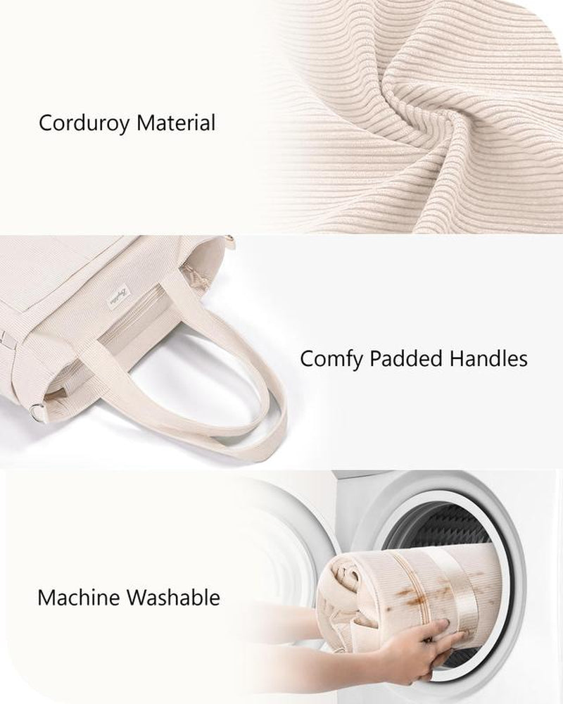 Bagstellar Women's Corduroy Tote Bag - 15.6 Inch Laptop Work Tote with Large Cup Holder, Durable Zipper Casual Purse for School, College, Travel, and Gym