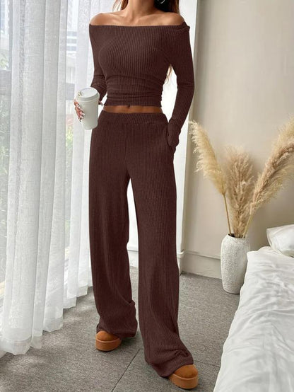 Women's Casual Striped Long Sleeve Top and Loose Pocket Pants Set - European Style Comfortable Daily Wear