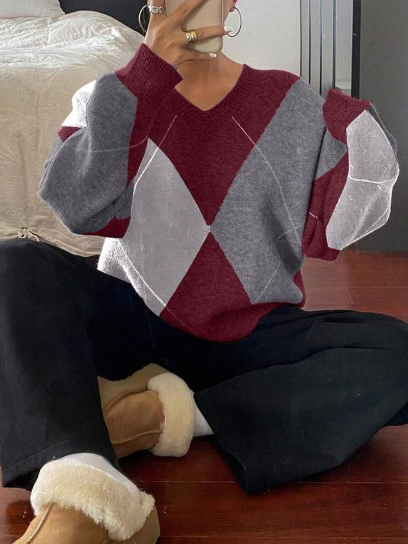 Women'S Plaid V Neck Long Sleeve Pullover Sweater, Autumn/Winter Loose Fit Colorblock Casual Fashion Cozy Cute Sweater Top， Women Fall Sweater, Winter Sweater for Women, Fall Clothes for Women