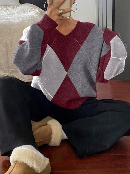 Women'S Plaid V Neck Long Sleeve Pullover Sweater, Autumn/Winter Loose Fit Colorblock Casual Fashion Cozy Cute Sweater Top， Women Fall Sweater, Winter Sweater for Women, Fall Clothes for Women