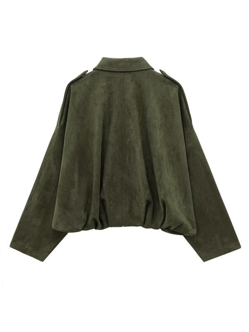 Women'S Faux Suede Bomber Jacket, Casual Oversized Fashion Outerwear, Trendy Street Style Y2K Top, Elegant Design, All Seasons Wearable