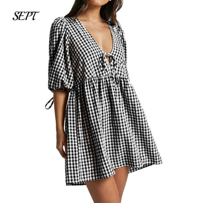 Women's Gingham Puff Sleeve Tie Mini Dress