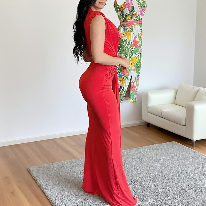 Halfword Elegant Bodycon Dresses Women Deep V Neck Sleeveless Slim Fit Maxi Dress Ruched Mermaid Long Dress Ultra Soft Elastic Fabric Floor Length Wrap Waist Comfortable Breathable Skin Summer Wear Elastic Evening Formal Womenswear Red Style Black