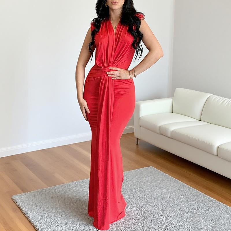 Halfword Elegant Bodycon Dresses Women Deep V Neck Sleeveless Slim Fit Maxi Dress Ruched Mermaid Long Dress Ultra Soft Elastic Fabric Floor Length Wrap Waist Comfortable Breathable Skin Summer Wear Elastic Evening Formal Womenswear Red Style Black