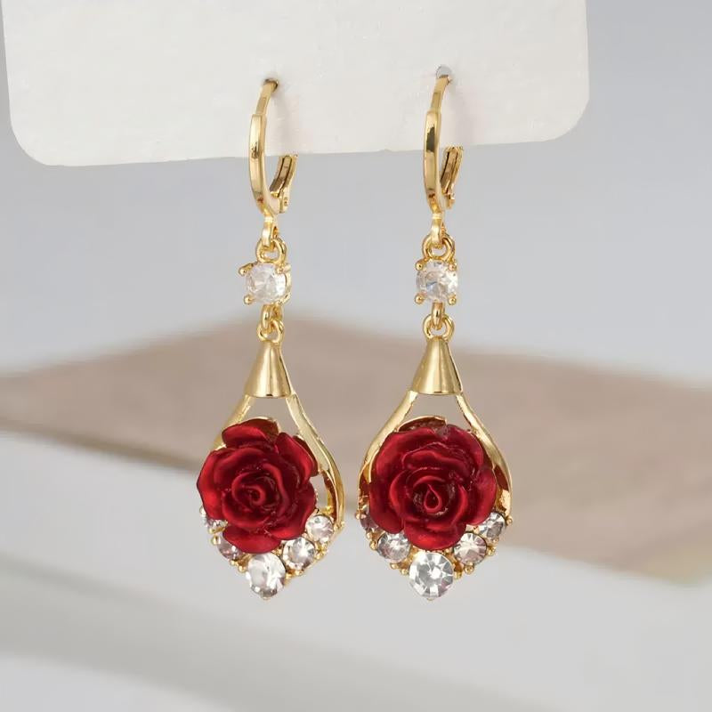 Rose Drop Earrings 14K Gold Plated Sparkling Crystal Tassel Design
