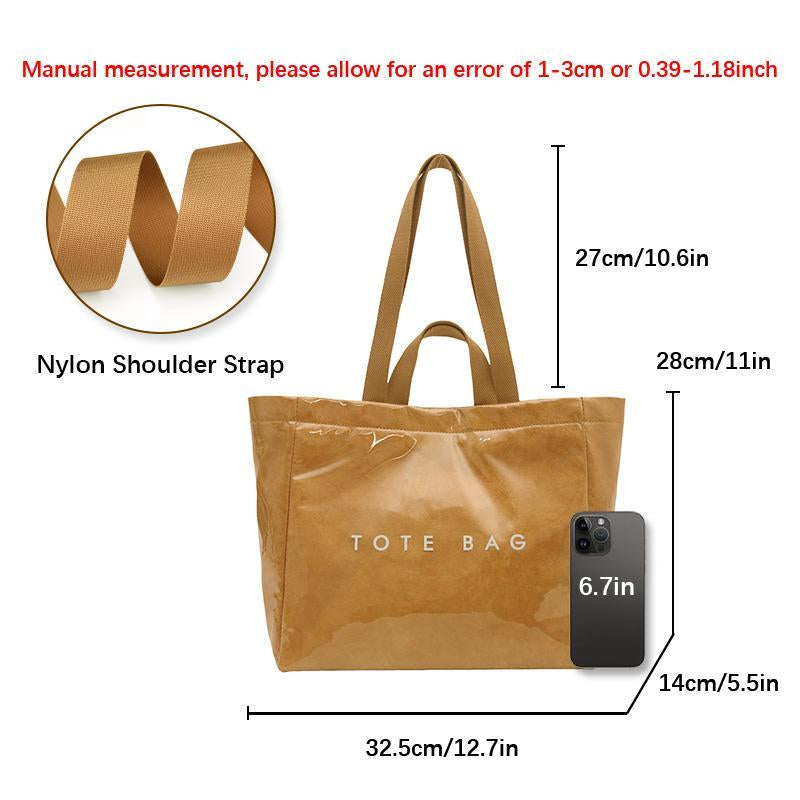 Women's Large Kraft Paper Tote Bag with PVC Letter Print - Clear Top Handle Hobo Handbag