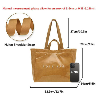 Women's Large Kraft Paper Tote Bag with PVC Letter Print - Clear Top Handle Hobo Handbag