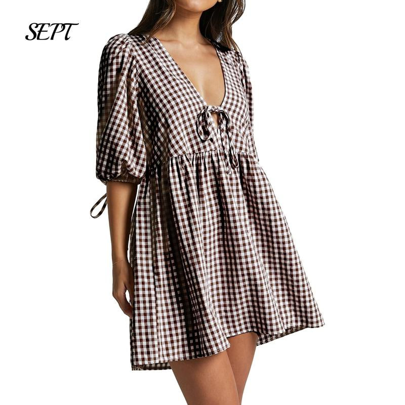 Women's Gingham Puff Sleeve Tie Mini Dress