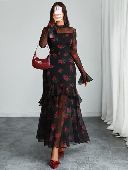 Women'S Floral Print Dress, Elegant Gothic Long Sleeve Dress for Party Holiday Wedding Guest, Ladies Clothes for All Seasons