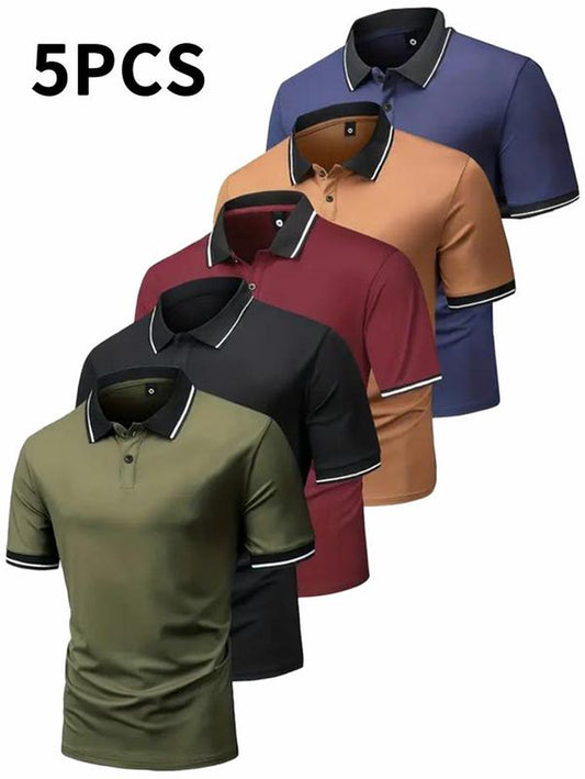 5 Pcs Men's Premium Comfort Polo Shirt Regular Fit Casual Fashion Short Sleeve Polo Collar Shirt Top Polo Shirts for Men Fall Tops Mens Clothing Soft Breathable Stretch Fabric Cold Wash Friendly