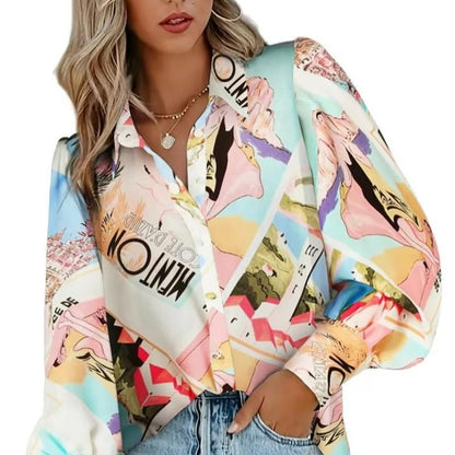 Mecha Shirts Button down Printed Lantern Long Sleeve Blouse Fashion Causal Tops 2025