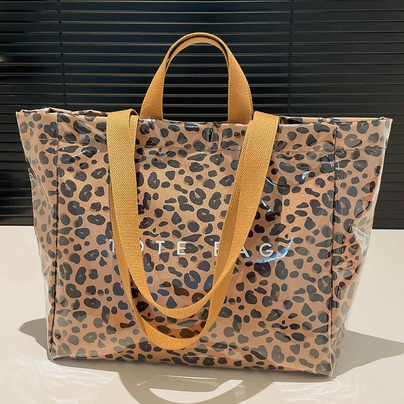 Women's Large Kraft Paper Tote Bag with PVC Letter Print - Clear Top Handle Hobo Handbag