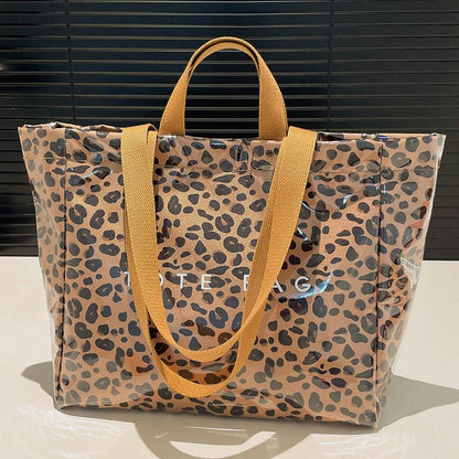 Women's Large Kraft Paper Tote Bag with PVC Letter Print - Clear Top Handle Hobo Handbag