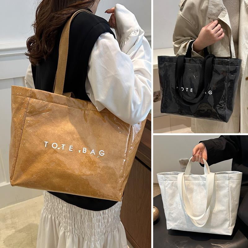 Women's Large Kraft Paper Tote Bag with PVC Letter Print - Clear Top Handle Hobo Handbag