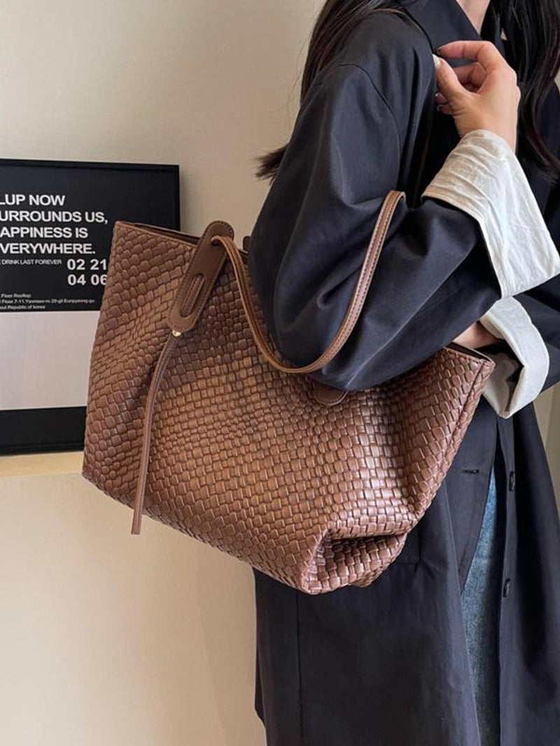 Women's Solid Color Rhombic Lattice Tote Bag - Stylish Large Capacity Shoulder Bag for Everyday Use and Versatile Commuting