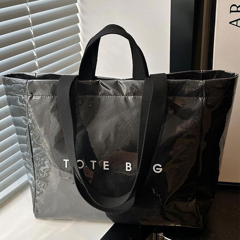 Women's Large Kraft Paper Tote Bag with PVC Letter Print - Clear Top Handle Hobo Handbag