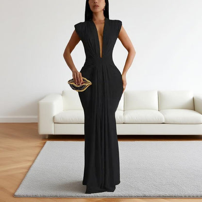 Halfword Elegant Bodycon Dresses Women Deep V Neck Sleeveless Slim Fit Maxi Dress Ruched Mermaid Long Dress Ultra Soft Elastic Fabric Floor Length Wrap Waist Comfortable Breathable Skin Summer Wear Elastic Evening Formal Womenswear Red Style Black