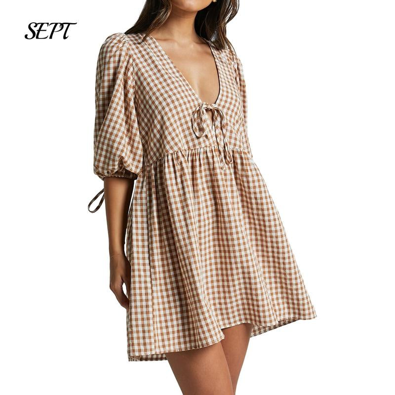Women's Gingham Puff Sleeve Tie Mini Dress