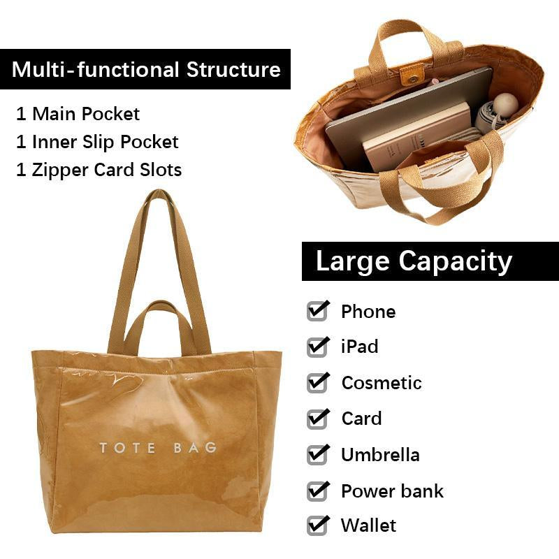 Women's Large Kraft Paper Tote Bag with PVC Letter Print - Clear Top Handle Hobo Handbag