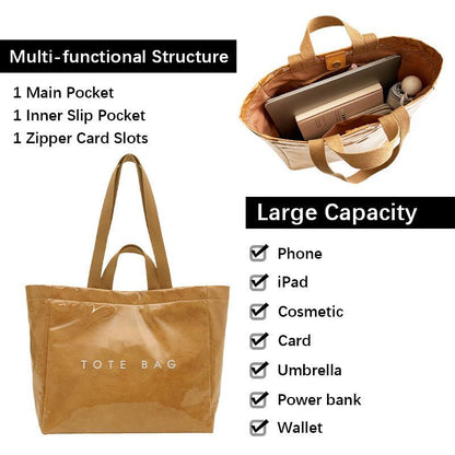 Women's Large Kraft Paper Tote Bag with PVC Letter Print - Clear Top Handle Hobo Handbag