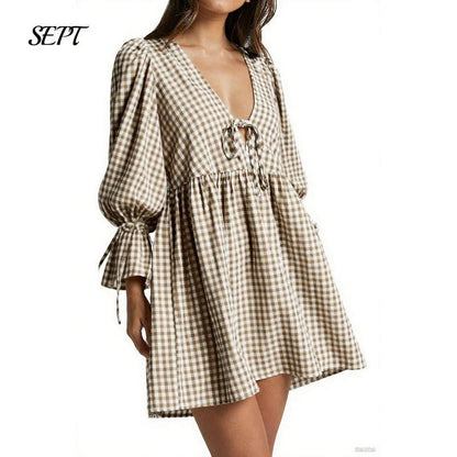 Women's Gingham Puff Sleeve Tie Mini Dress