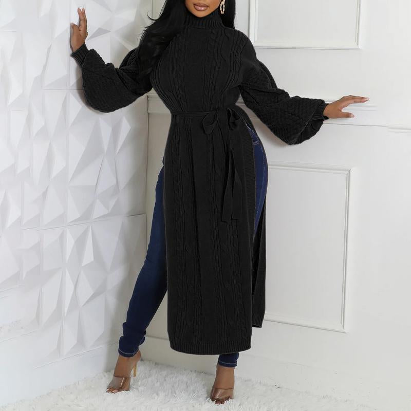 Cinched Waist High Slit Knit Long Sweater Coat