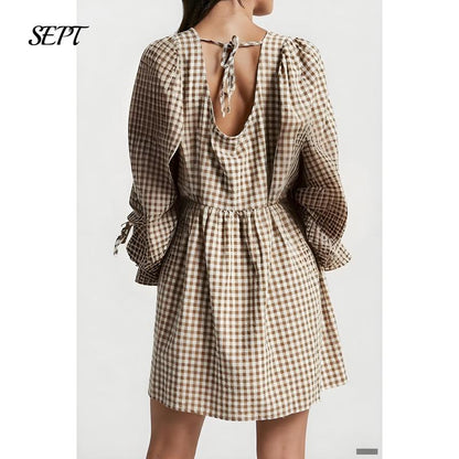 Women's Gingham Puff Sleeve Tie Mini Dress