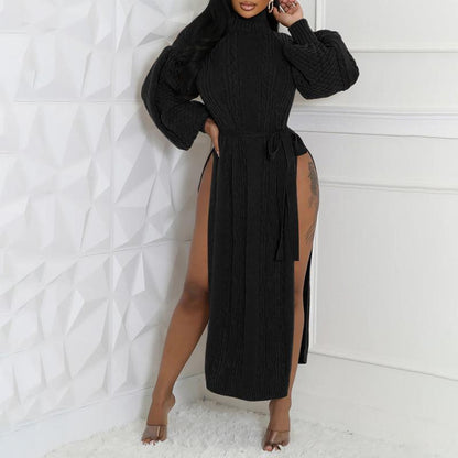 Cinched Waist High Slit Knit Long Sweater Coat