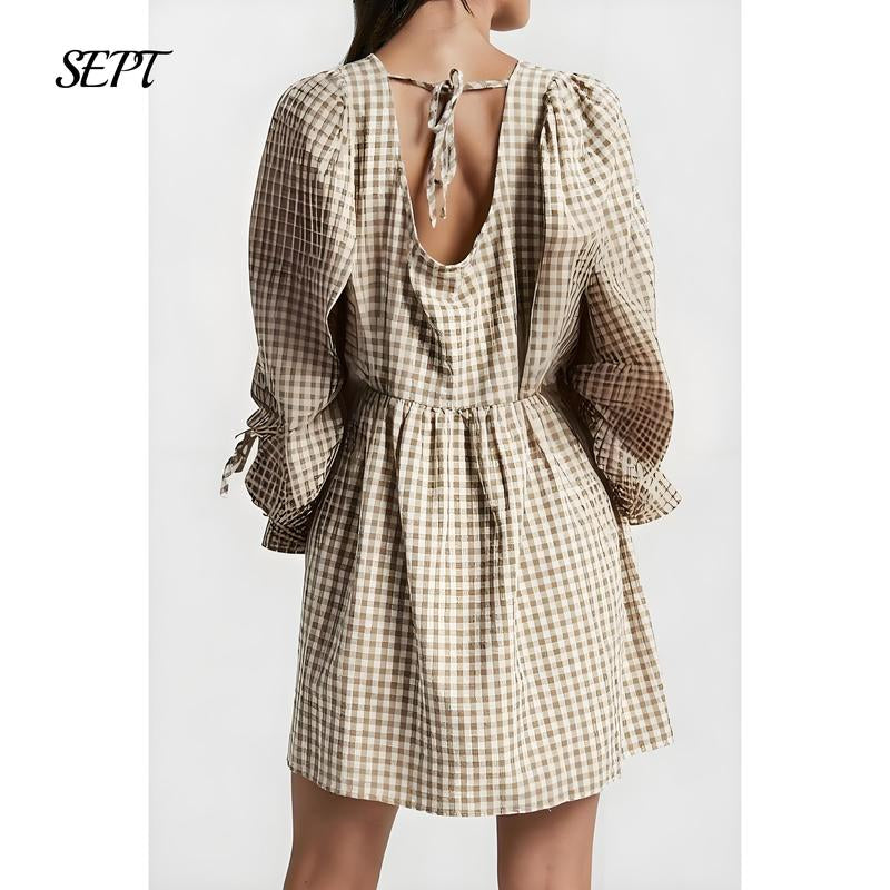 Women's Gingham Puff Sleeve Tie Mini Dress