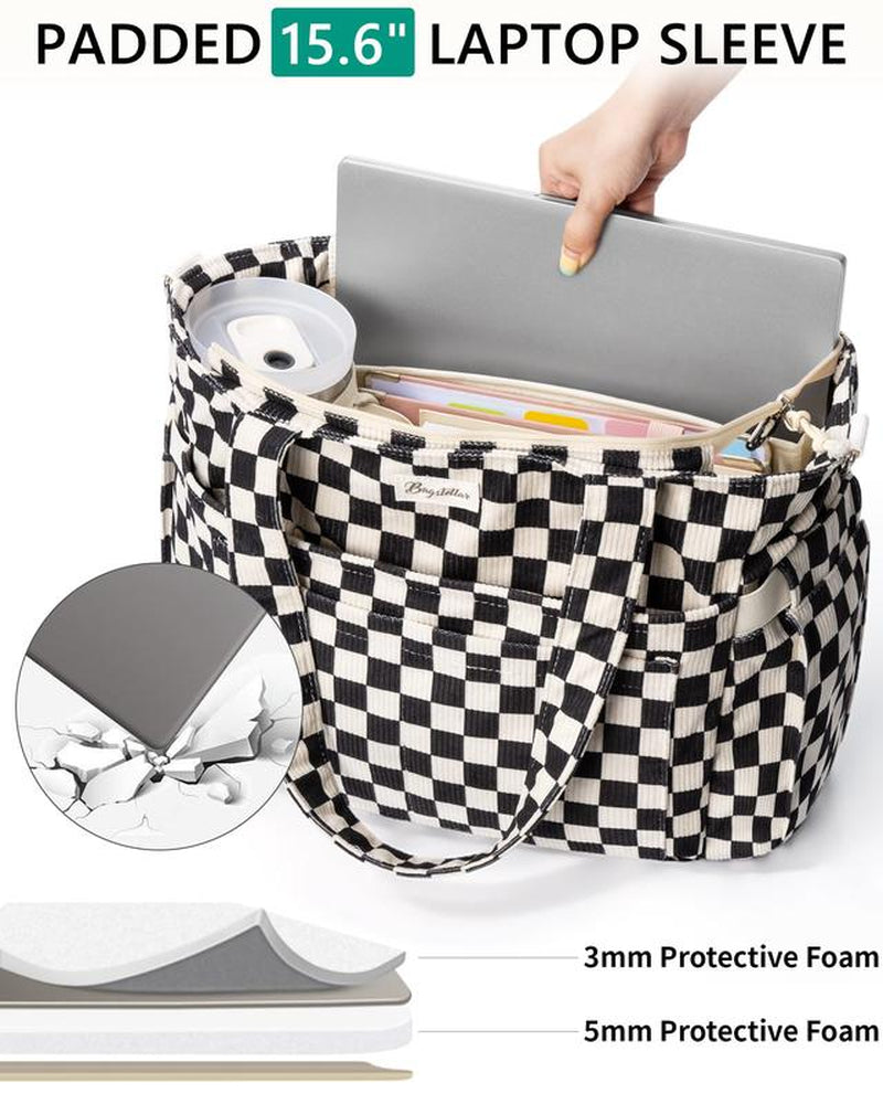 Bagstellar Women's Corduroy Tote Bag - 15.6 Inch Laptop Work Tote with Large Cup Holder, Durable Zipper Casual Purse for School, College, Travel, and Gym