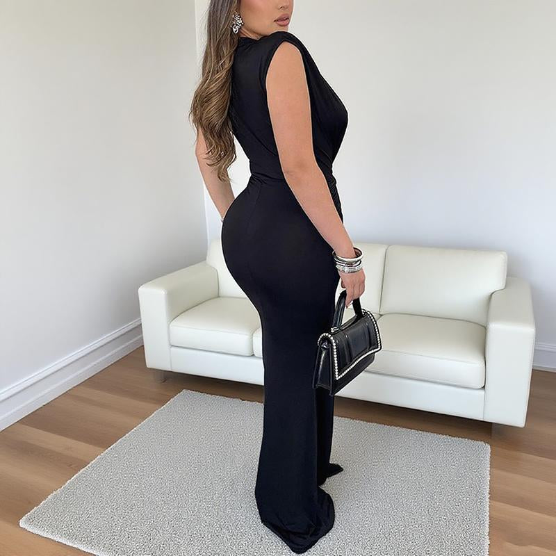 Halfword Elegant Bodycon Dresses Women Deep V Neck Sleeveless Slim Fit Maxi Dress Ruched Mermaid Long Dress Ultra Soft Elastic Fabric Floor Length Wrap Waist Comfortable Breathable Skin Summer Wear Elastic Evening Formal Womenswear Red Style Black