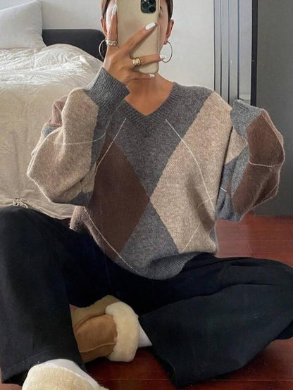 Women'S Plaid V Neck Long Sleeve Pullover Sweater, Autumn/Winter Loose Fit Colorblock Casual Fashion Cozy Cute Sweater Top， Women Fall Sweater, Winter Sweater for Women, Fall Clothes for Women