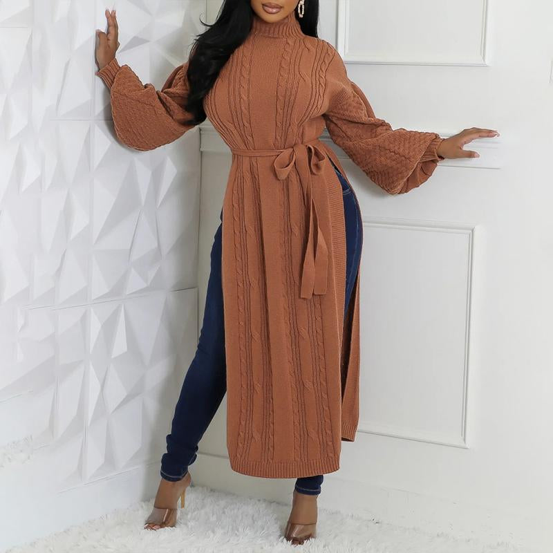 Cinched Waist High Slit Knit Long Sweater Coat