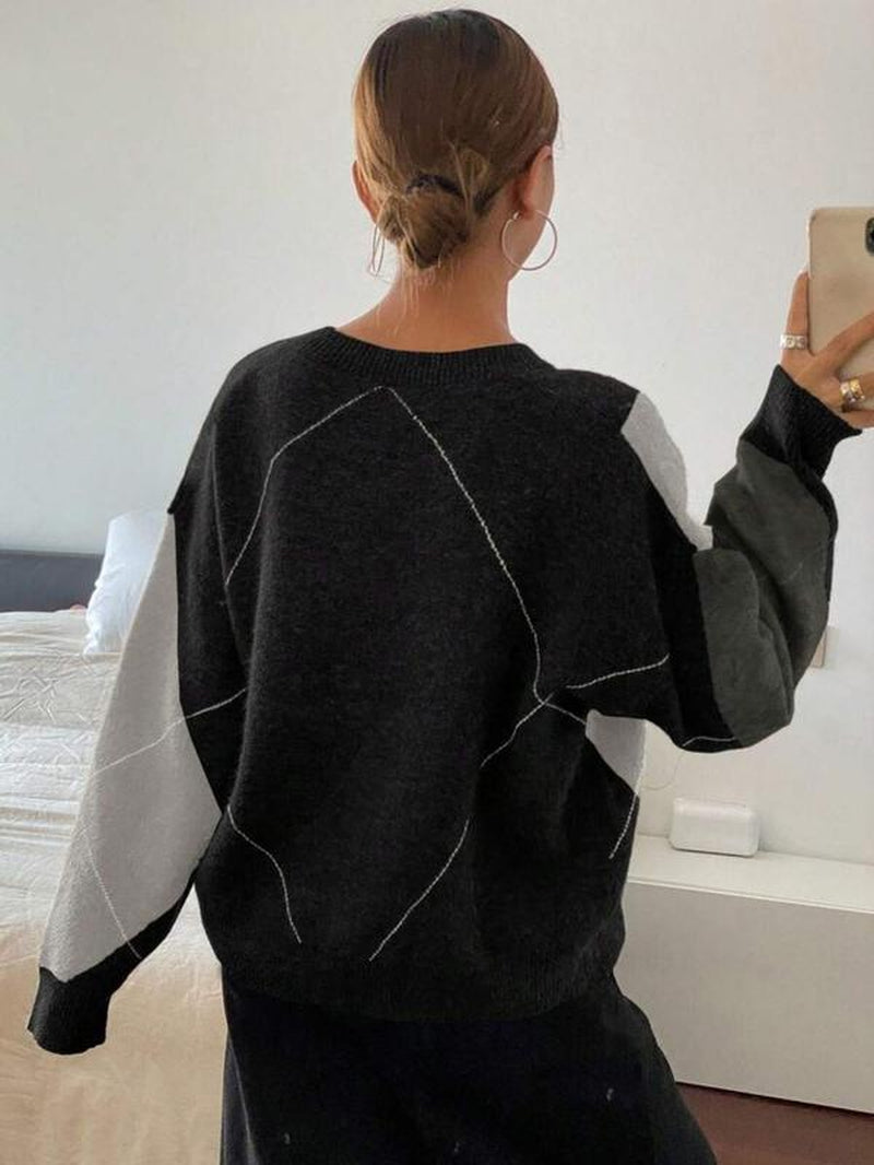 Women'S Plaid V Neck Long Sleeve Pullover Sweater, Autumn/Winter Loose Fit Colorblock Casual Fashion Cozy Cute Sweater Top， Women Fall Sweater, Winter Sweater for Women, Fall Clothes for Women